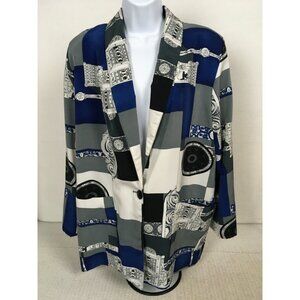 Kensington Square Blazer Jacket Size M Blue Gray White Black Pockets 1 Button